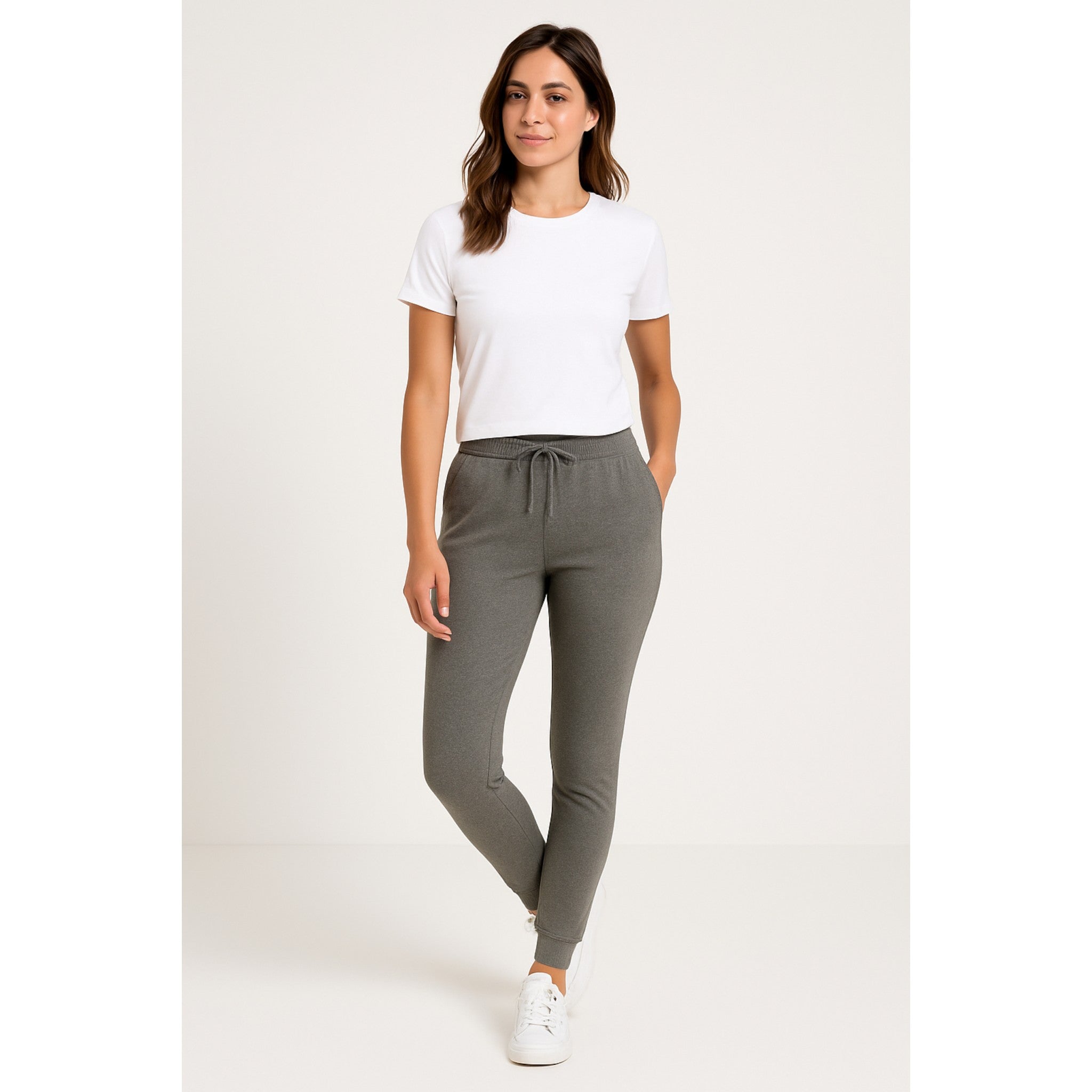Ladies grey soft touch joggers with drawstring waist and cuffed ankles stylish loungewear trousers